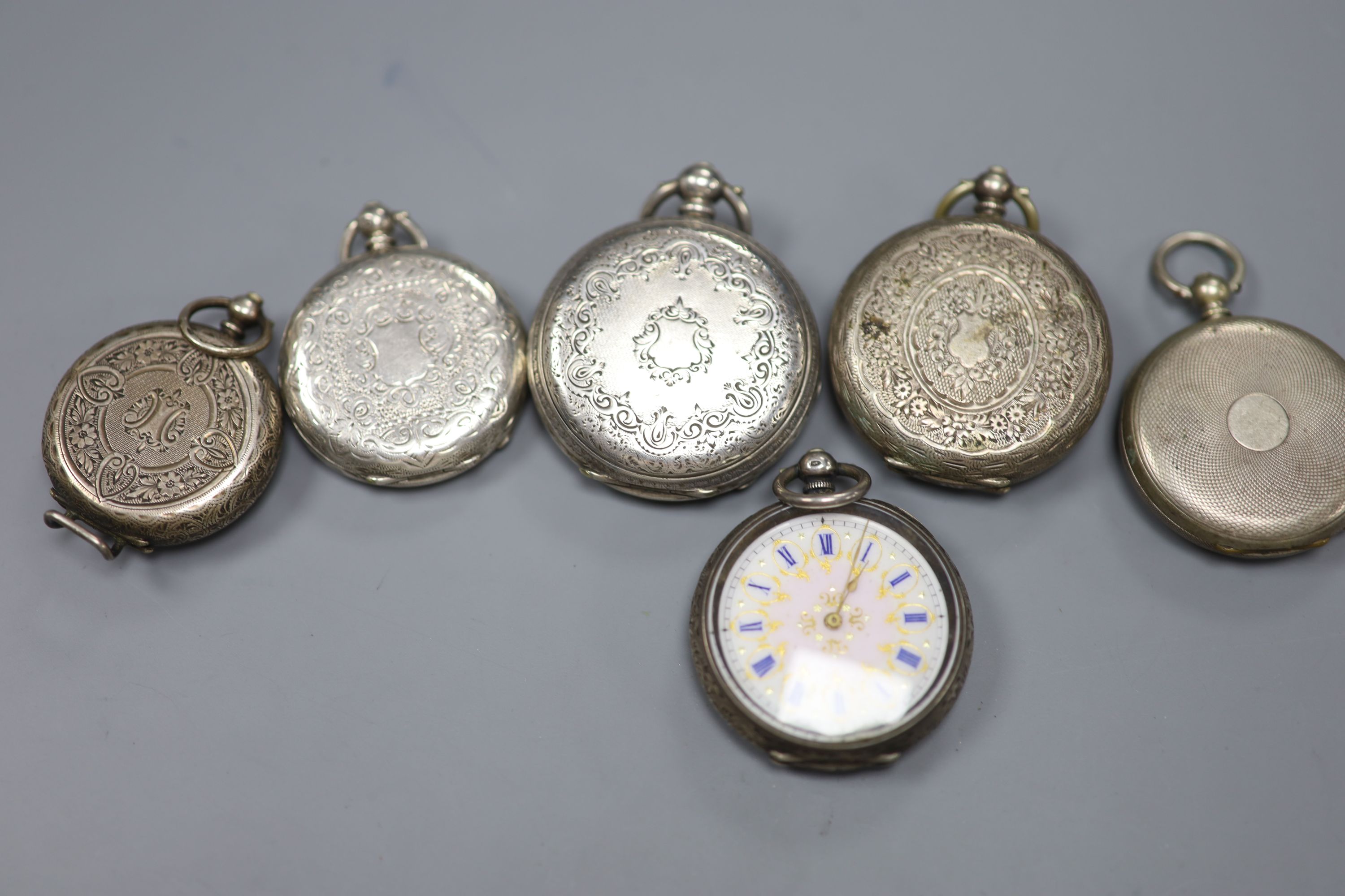 One silver and five continental white metal fob watches(a.f.).